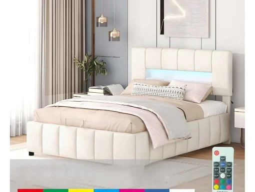 Fluwelen Opbergbed Met Led En Lattenbodem - 140X200Cm - Beige
