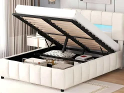 Fluwelen Opbergbed Met Led En Lattenbodem - 140X200Cm - Beige