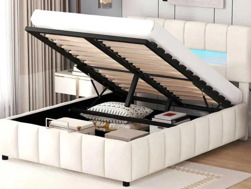 Fluwelen Opbergbed Met Led En Lattenbodem - 140X200Cm - Beige