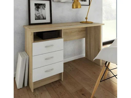 Fula Bureau 3 Lades Eiken Structuur Decor En Wit.
