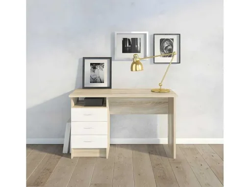 Fula Bureau 3 Lades Eiken Structuur Decor En Wit.