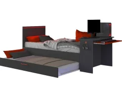 Gamer Bed 2 X 90 X 200 - Met Bureau - Led'S - Antraciet En Rood + Bedbodem - Vouani
