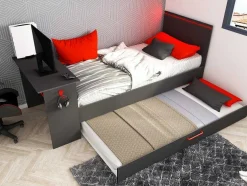 Gamer Bed 2 X 90 X 200 - Met Bureau - Led'S - Antraciet En Rood + Bedbodem - Vouani