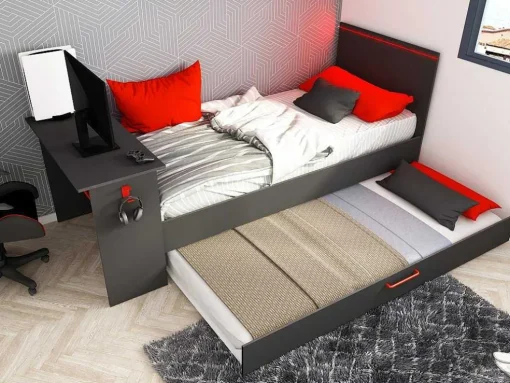 Gamer Bed 2 X 90 X 200 - Met Bureau - Led'S - Antraciet En Rood + Bedbodem - Vouani