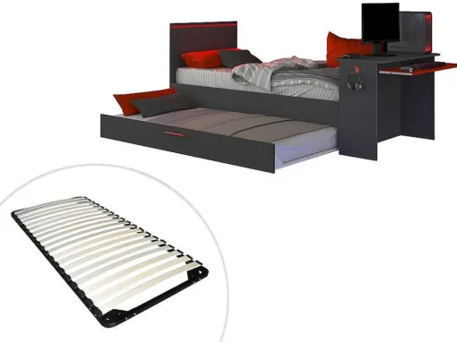 Gamer Bed 2 X 90 X 200 - Met Bureau - Led'S - Antraciet En Rood + Bedbodem - Vouani