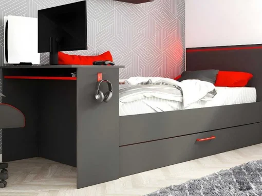 Gamer Bed 2 X 90 X 200 - Met Bureau - Led'S - Antraciet En Rood + Bedbodem - Vouani