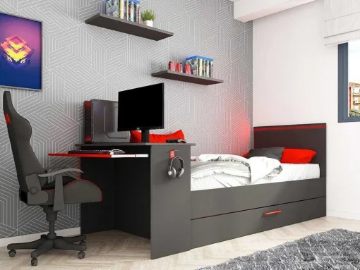 Gamer Bed 2 X 90 X 200 - Met Bureau - Led'S - Antraciet En Rood + Bedbodem - Vouani