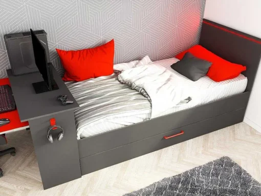Gamer Bed 2 X 90 X 200 - Met Bureau - Led'S - Antraciet En Rood + Bedbodem - Vouani