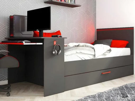 Gamer Bed 2 X 90 X 200 - Met Bureau - Led'S - Antraciet En Rood + Bedbodem - Vouani