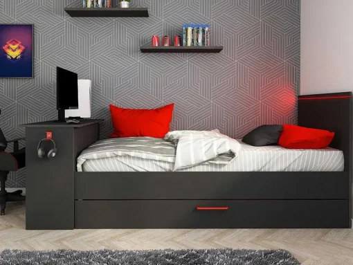 Gamer Bed 2 X 90 X 200 - Met Bureau - Led'S - Antraciet En Rood + Bedbodem - Vouani
