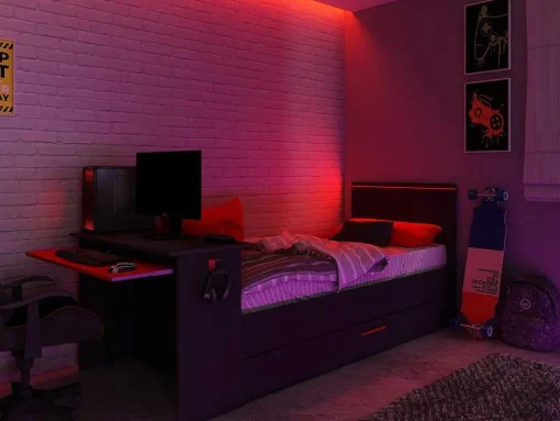 Gamer Bed 2 X 90 X 200 - Met Bureau - Led'S - Antraciet En Rood + Bedbodem - Vouani