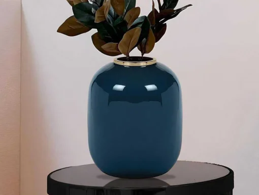 Geemailleerde Metalen Vaas - D. 29 X H. 36 Cm - Messing Afwerking - Groenblauw - Klaudia