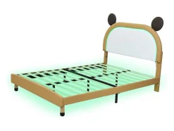 Gestoffeerd Bed Met Verstelbaar Hoofdbord 140 X 200 Cm - Led'S - Pu Leer - Geel + Bruin