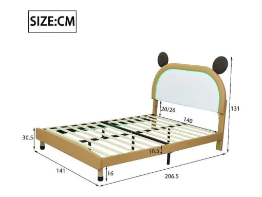 Gestoffeerd Bed Met Verstelbaar Hoofdbord 140 X 200 Cm - Led'S - Pu Leer - Geel + Bruin
