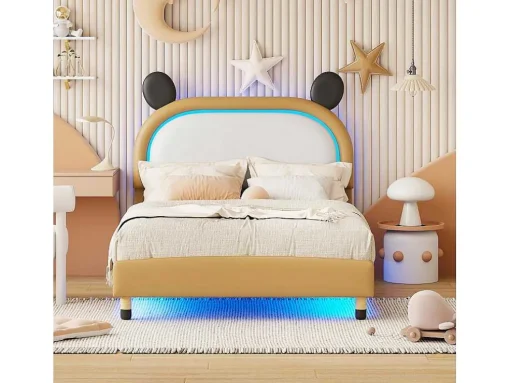 Gestoffeerd Bed Met Verstelbaar Hoofdbord 140 X 200 Cm - Led'S - Pu Leer - Geel + Bruin