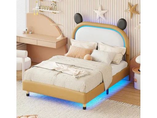 Gestoffeerd Bed Met Verstelbaar Hoofdbord 140 X 200 Cm - Led'S - Pu Leer - Geel + Bruin