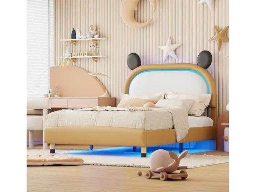Gestoffeerd Bed Met Verstelbaar Hoofdbord 140 X 200 Cm - Led'S - Pu Leer - Geel + Bruin