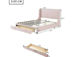 Gestoffeerd Bed 140X200Cm - Linnen Stof - Met Een Lade - Roze