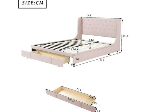 Gestoffeerd Bed 140X200Cm - Linnen Stof - Met Een Lade - Roze