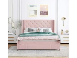 Gestoffeerd Bed 140X200Cm - Linnen Stof - Met Een Lade - Roze