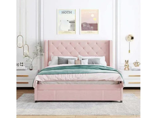 Gestoffeerd Bed 140X200Cm - Linnen Stof - Met Een Lade - Roze