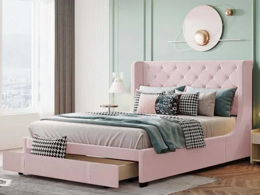 Gestoffeerd Bed 140X200Cm - Linnen Stof - Met Een Lade - Roze