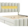 Gestoffeerd Bed 140X200Cm Met 4 Lades - Met Led + Usb Oplaadpoort + Lezer - Beige