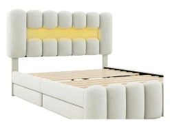 Gestoffeerd Bed 140X200Cm Met 4 Lades - Met Led + Usb Oplaadpoort + Lezer - Beige
