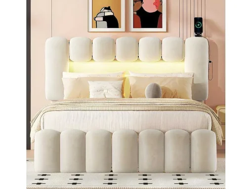 Gestoffeerd Bed 140X200Cm Met 4 Lades - Met Led + Usb Oplaadpoort + Lezer - Beige