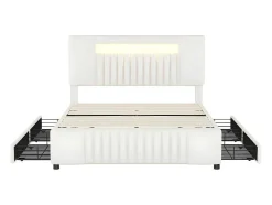 Gestoffeerd Bed 140X200Cm Met 4 Lades - Met Led + Usb Oplaadpoort + Lezer - Beige