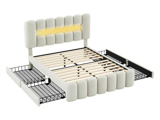 Gestoffeerd Bed 140X200Cm Met 4 Lades - Met Led + Usb Oplaadpoort + Lezer - Beige