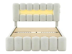 Gestoffeerd Bed 140X200Cm Met 4 Lades - Met Led + Usb Oplaadpoort + Lezer - Beige