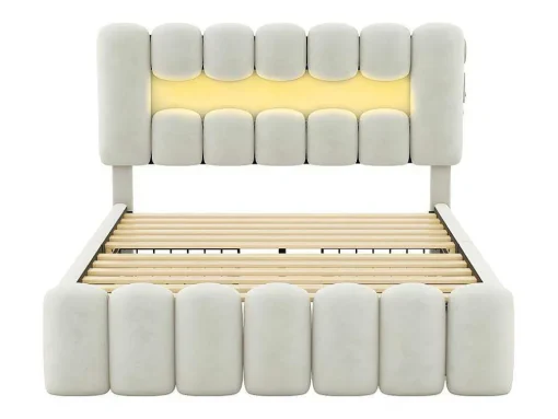 Gestoffeerd Bed 140X200Cm Met 4 Lades - Met Led + Usb Oplaadpoort + Lezer - Beige
