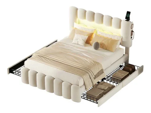 Gestoffeerd Bed 140X200Cm Met 4 Lades - Met Led + Usb Oplaadpoort + Lezer - Beige