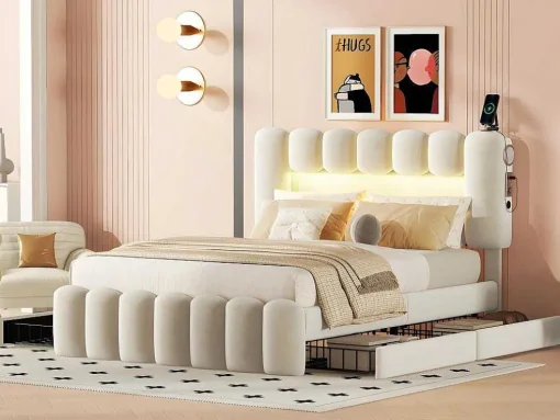 Gestoffeerd Bed 140X200Cm Met 4 Lades - Met Led + Usb Oplaadpoort + Lezer - Beige