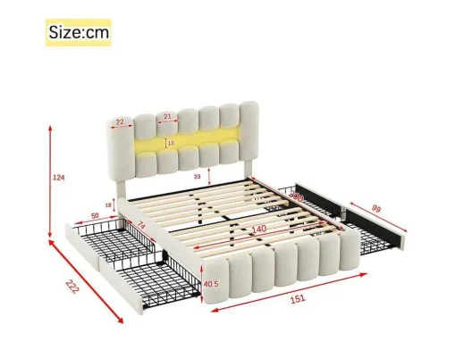Gestoffeerd Bed 140X200Cm Met 4 Lades - Met Led + Usb Oplaadpoort + Lezer - Beige