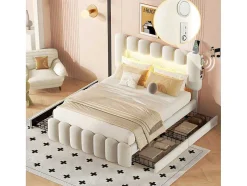 Gestoffeerd Bed 140X200Cm Met 4 Lades - Met Led + Usb Oplaadpoort + Lezer - Beige