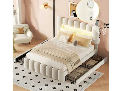Gestoffeerd Bed 140X200Cm Met 4 Lades - Met Led + Usb Oplaadpoort + Lezer - Beige