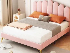 Gestoffeerd Fluwelen Bed 140X200Cm Met Lattenbodem - Verstelbaar Hoofdeinde - Roze