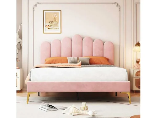 Gestoffeerd Fluwelen Bed 140X200Cm Met Lattenbodem - Verstelbaar Hoofdeinde - Roze