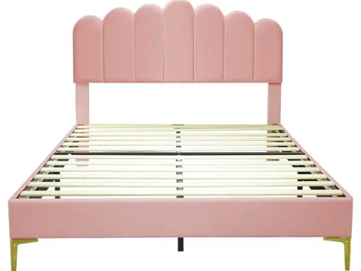 Gestoffeerd Fluwelen Bed 140X200Cm Met Lattenbodem - Verstelbaar Hoofdeinde - Roze