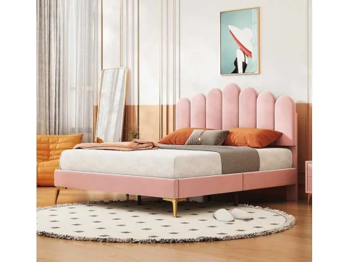 Gestoffeerd Fluwelen Bed 140X200Cm Met Lattenbodem - Verstelbaar Hoofdeinde - Roze