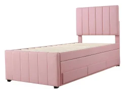 Gestoffeerd Linnen Bed 90X200Cm - Met Onderschuifbed Op Wielen En 3 Lades - Roze