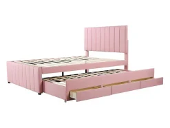Gestoffeerd Linnen Bed 140X200Cm - Met Onderschuifbed Op Wielen En 3 Lades - Roze