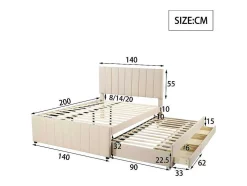Gestoffeerd Linnen Bed 140X200Cm - Met Onderschuifbed Op Wielen En 3 Lades - Beige