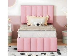 Gestoffeerd Linnen Bed 90X200Cm - Met Onderschuifbed Op Wielen En 3 Lades - Roze