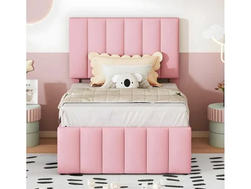 Gestoffeerd Linnen Bed 90X200Cm - Met Onderschuifbed Op Wielen En 3 Lades - Roze