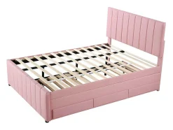 Gestoffeerd Linnen Bed 140X200Cm - Met Onderschuifbed Op Wielen En 3 Lades - Roze