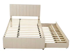 Gestoffeerd Linnen Bed 140X200Cm - Met Onderschuifbed Op Wielen En 3 Lades - Beige