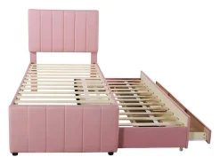 Gestoffeerd Linnen Bed 90X200Cm - Met Onderschuifbed Op Wielen En 3 Lades - Roze